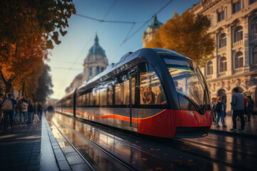 A crowded tram in a European city, illustrating the Concept of efficient and sustainable urban tram systems. Generative Ai. - obrazy, fototapety, plakaty