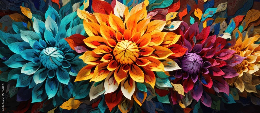Poster the vibrant digital illustration portrays an abstract flower design with a striking combination of g