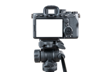 Photo camera. Digital or Dslr camera on tripod. Photographer or videographer studio for recording film project. Professional blogger, television equipment. Camera, display. Isolated background