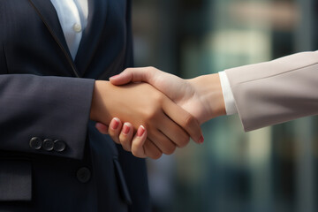 A close-up of a businesswoman's handshake with a foreign partner, symbolizing the Concept of international trade agreements. Generative Ai.