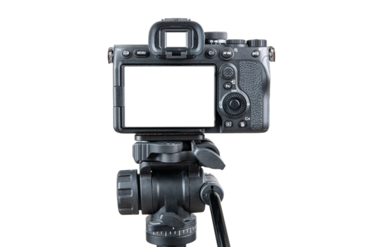 Photo camera. Digital or Dslr camera on tripod. Photographer or videographer studio for recording film project. Professional blogger, television equipment. Camera, display. Isolated background