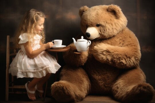 A goldilocks girl having a cup of tea with a huge teddy bear.