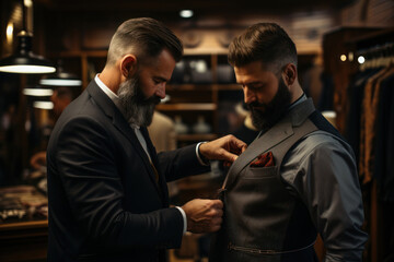 A tailor expertly measuring and fitting a customer for a custom-made suit, portraying the Concept of bespoke and artisanal trade. Generative Ai.