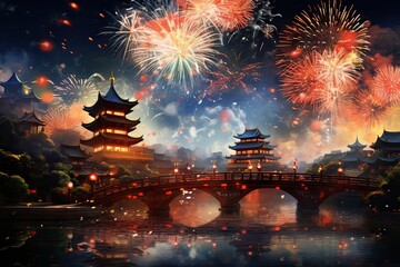 temples, bridges and typical chinese architecture with fireworks in the sky on new year's eve - obrazy, fototapety, plakaty