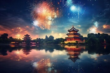 lakeside temples and typical chinese architecture with fireworks in the sky on new year's eve - obrazy, fototapety, plakaty