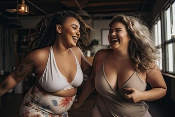 two smiling plus-size friends in sportswear at a dance class, sport concept