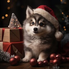 Fototapeta na wymiar Puppy with Christmas gift