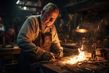 A craftsman shaping molten metal in a blacksmith's workshop, showcasing the Concept of traditional craftsmanship and metalworking trade. Generative Ai. - obrazy, fototapety, plakaty