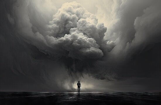 concept of depression and anxiety, a person under a cloud under the rain with grey and black colors