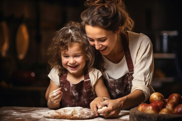A mother and child in a kitchen, baking homemade whole-grain bread together. Concept of family nutrition and home cooking. Generative Ai. - obrazy, fototapety, plakaty