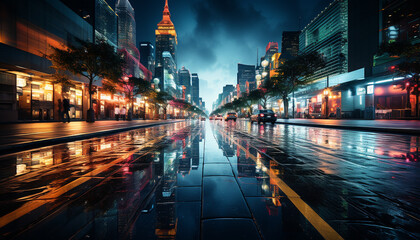 Fototapeta premium Night cityscape with skyscrapers, reflecting illuminated buildings in the water generated by AI