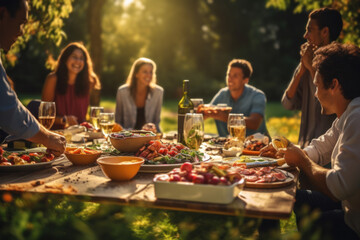 A group of friends enjoying a picnic in a park, with a spread of healthy, homemade dishes. Concept of outdoor dining and nutrition. Generative Ai. - Powered by Adobe