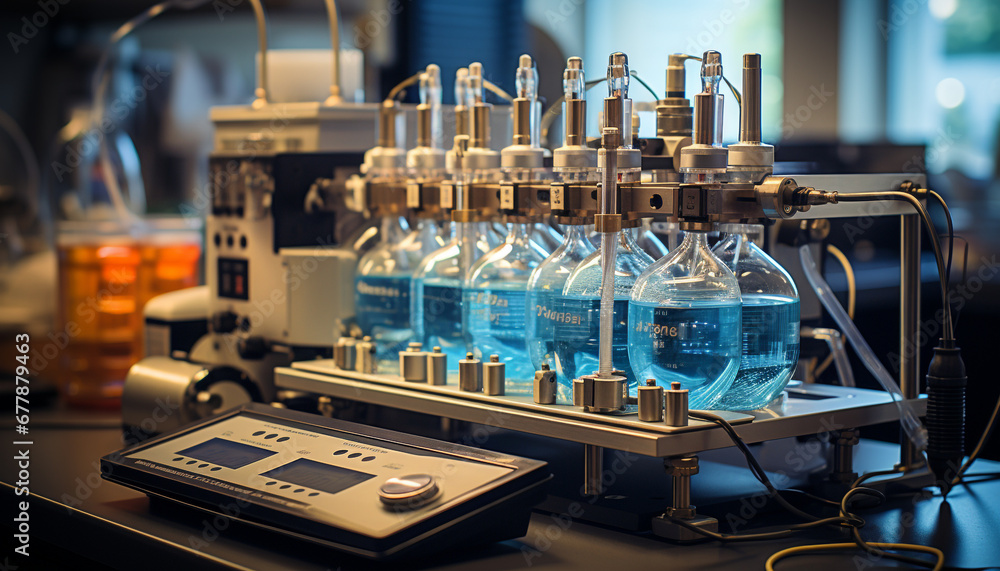Poster scientist working in laboratory analyzing liquid discovery generated by ai