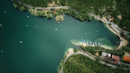 Beautiful views of the summer lake from a bird's eye view of the picturesque sandy bay. Lake...