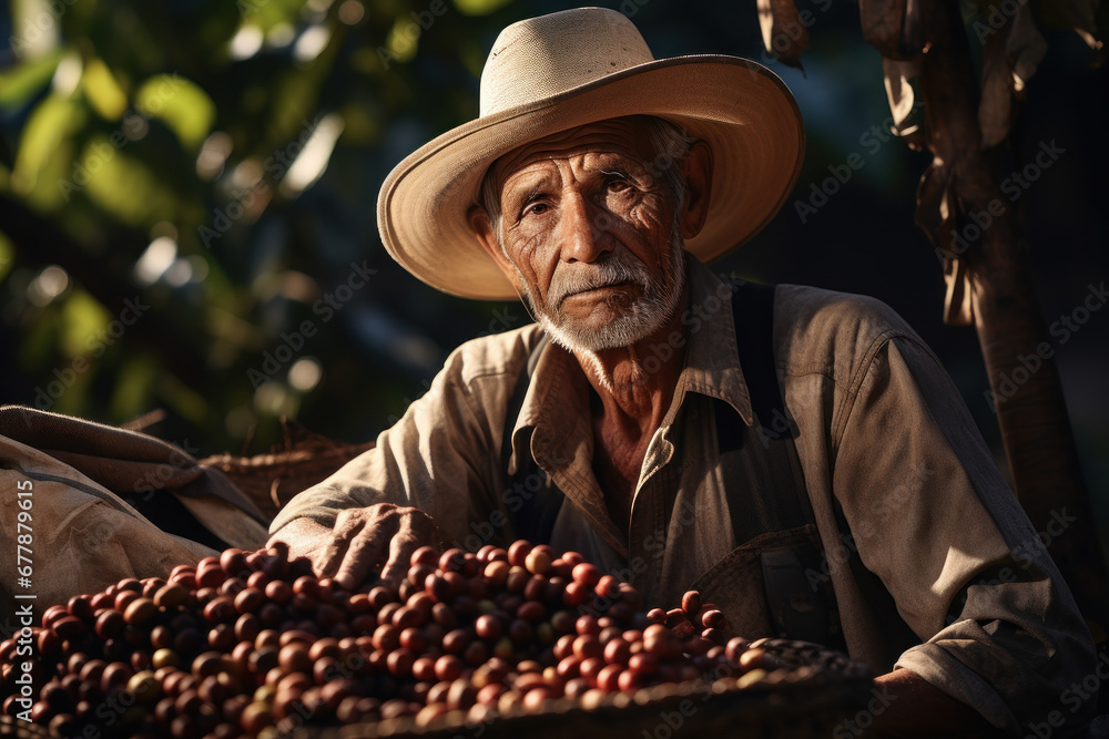 Poster a coffee bean farmer in a remote region, highlighting the inclusion of small-scale producers in glob