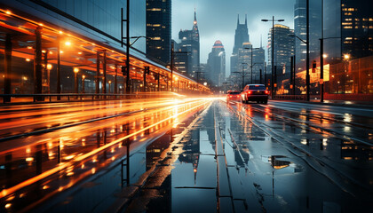 Nighttime traffic in the city, skyscrapers illuminated, cars in motion generated by AI