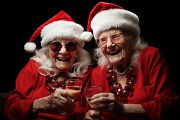Two elderly women in Santa Claus costumes clinking buckets cheerfully celebrate the holiday