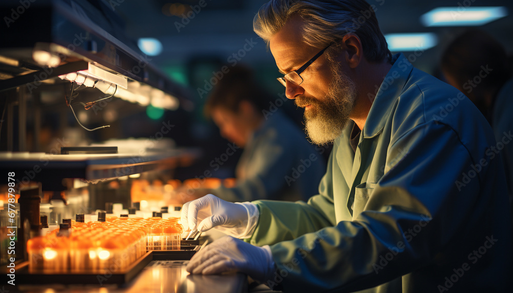 Poster a team of skilled scientists working in a illuminated factory generated by ai