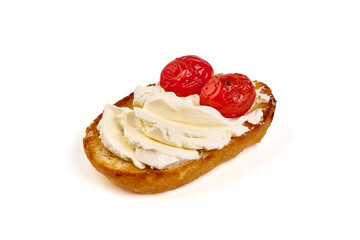 Crostini with cream cheese, isolated on white background.