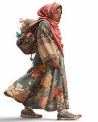 hijab women with backpack, 3d character