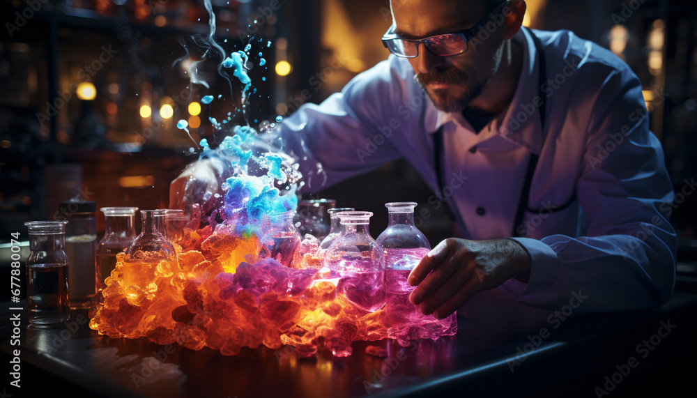 Poster a scientist working in a laboratory, holding a flask of liquid generated by ai