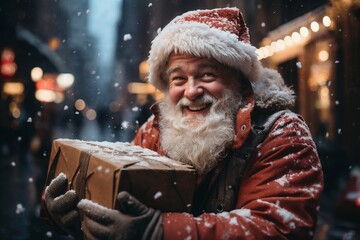 Santa on the street of the evening city, giving out gifts, festive lights, Christmas or New Year holidays, winter season