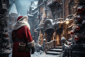 Fototapeta premium Santa is walking down a city street, winter, snow, holiday decorations