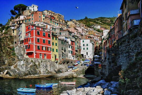 Village and harbour view, Riomaggiore, La Spezia, Cinque Terre, Liguria, Italy