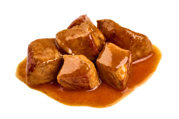 Stewed pork goulash, isolated on white background.