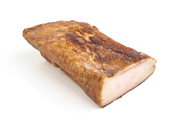 Homemade smoked pork fat with spices, isolated on white background.