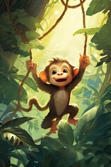 A cute illustration for a children's story showing a curious baby monkey