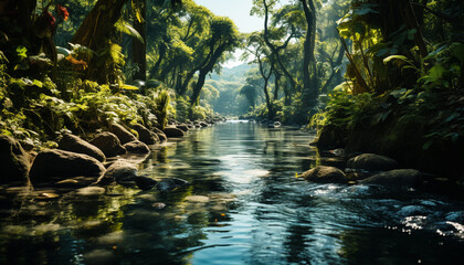 Tranquil scene of green forest, flowing water generated by AI