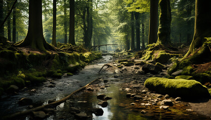 Tranquil scene of a wet forest footpath generated by AI