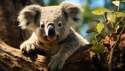 Cute koala sitting on eucalyptus tree branch generated by AI
