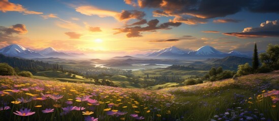 summer while traveling one can admire the stunning landscape with a background of blue sky lush green grass and vibrant waves of blooming spring flowers surrounded by the light of a beautifu