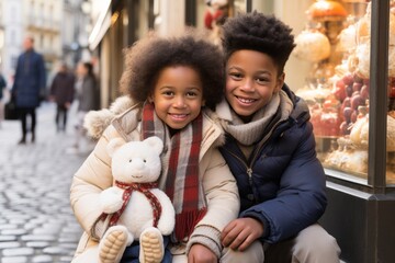 Vibrant Portrait of Happy Children Embracing a White Teddy Bear on a Sun-Kissed Winter Day