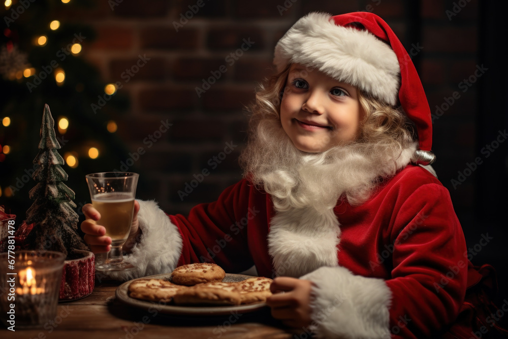 Sticker a child eagerly leaving a plate of cookies and milk for santa on christmas eve. concept of holiday t