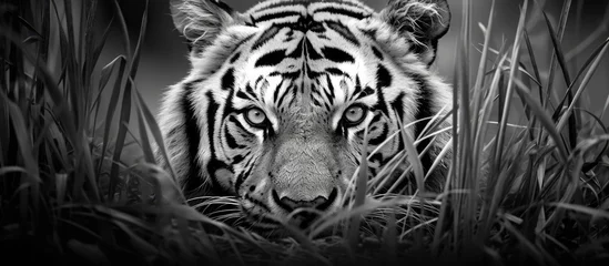 Rolgordijnen The beauty of nature can be seen in the intricate pattern of a tigers black and white striped skin as well as the graceful movement of its lithe body through the forest blending seamlessly w © TheWaterMeloonProjec