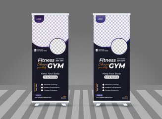 minimalist and sample gym roll up banner design, gym and fitness roll up banner design layout, commercials banners mockup, colorful marketing pull up advertisement retractable  banner design in illust