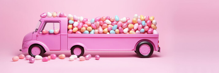 Obraz premium Cute Pink Truck Full Of Colorful Easter Eggs On Pink , Background For Banner, HD