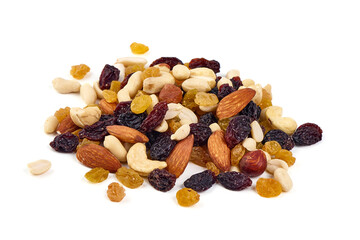 Nut and dried fruit mix, isolated on white background.