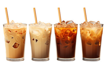 delicious iced latte coffee drink in glasses with ice cubes on transparent background, in front view - obrazy, fototapety, plakaty
