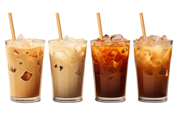 Foto op Plexiglas delicious iced latte coffee drink in glasses with ice cubes on transparent background, in front view © Arash