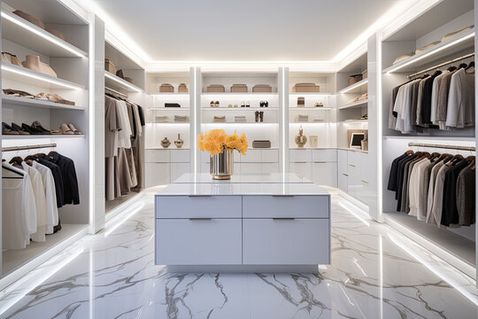 A minimalist white dressing room filled with clothes, uncluttered design. Bright LED provides light.