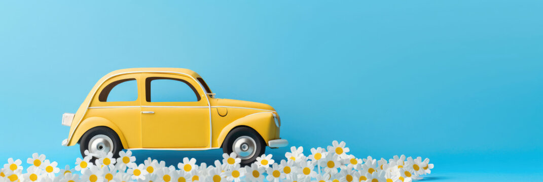Cute Yellow Paper Car With White Spring Flowers, Background For Banner, HD