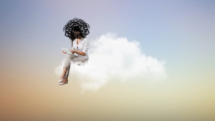 Creative collage.Person sitting on cloud with dark tangled head.