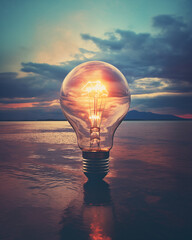 bright light bulb on the beach on sunset