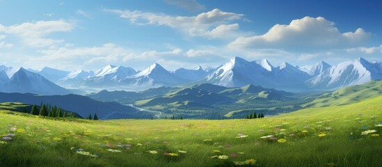 countryside against the backdrop of majestic mountains a vast meadow stretches out covered in lush green grass dotted with vibrant blue wildflowers creating a breathtaking scenery under the