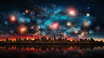 Obraz na płótnie Canvas fireworks over night city sky, holiday background, bright colorful lights