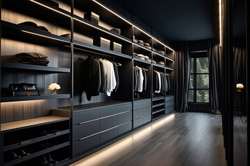 A closet space with charcoal grey walls and sleek black shelving. Modern luxurious atmosphere.